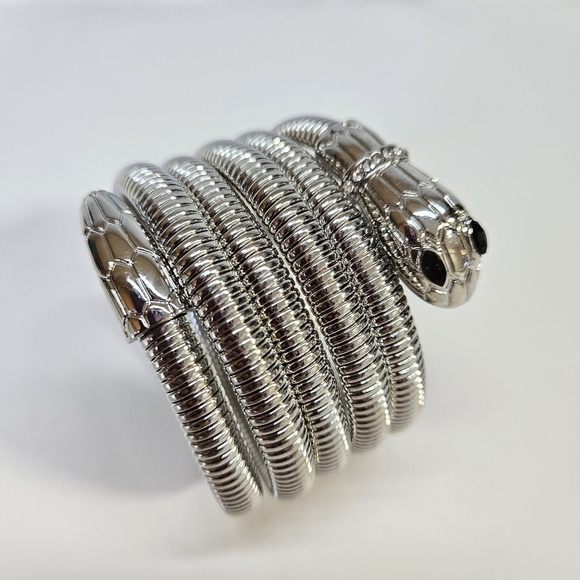 Unique Snake Wrap Around Coil Silver-Tone Rhinestone Bracelet - Picture 3 of 7